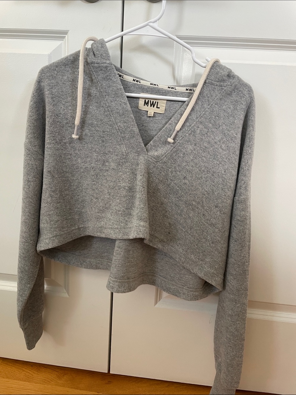 Gray Cropped V-Neck Hoodie with Drawstring